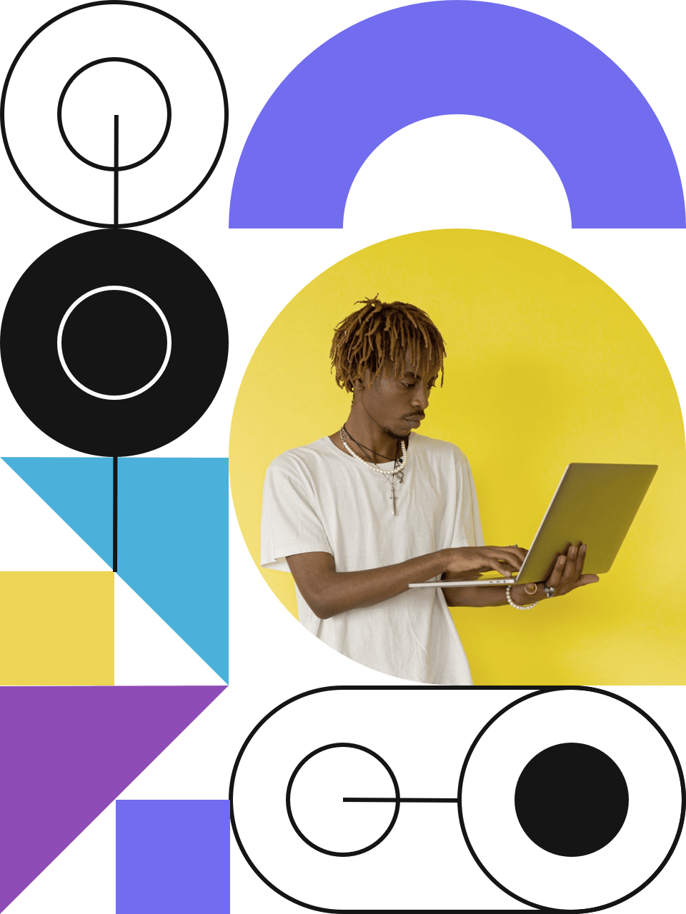 afro-american male with white t-shirt working on a laptop